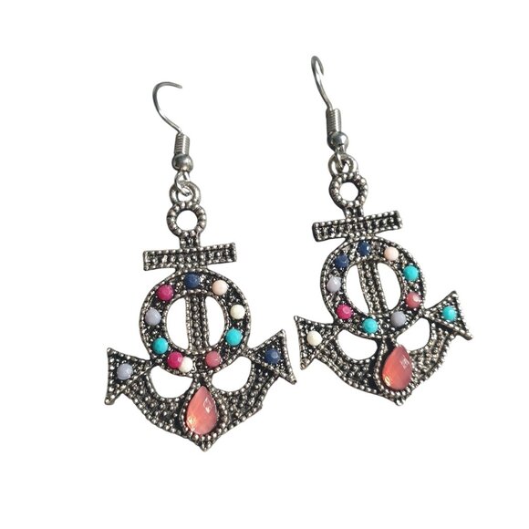 Anchor Shaped Dangle Earrings Acrylic Gems  Silver Finish Boho Chic Jewelry Boat - Picture 1 of 4
